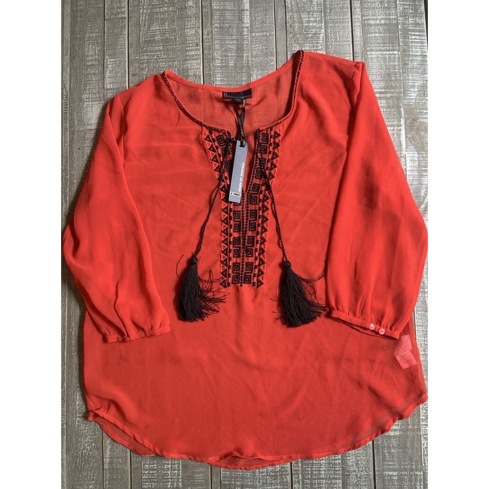 NWT Jeans by Buffalo Women's Medium Red Embroidered Sheer Pullover Blouse New